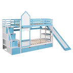 Lit superposé château simple-sur-simple avec toboggan et étagères, rose/bleu/blanc/gris – 2 personnes