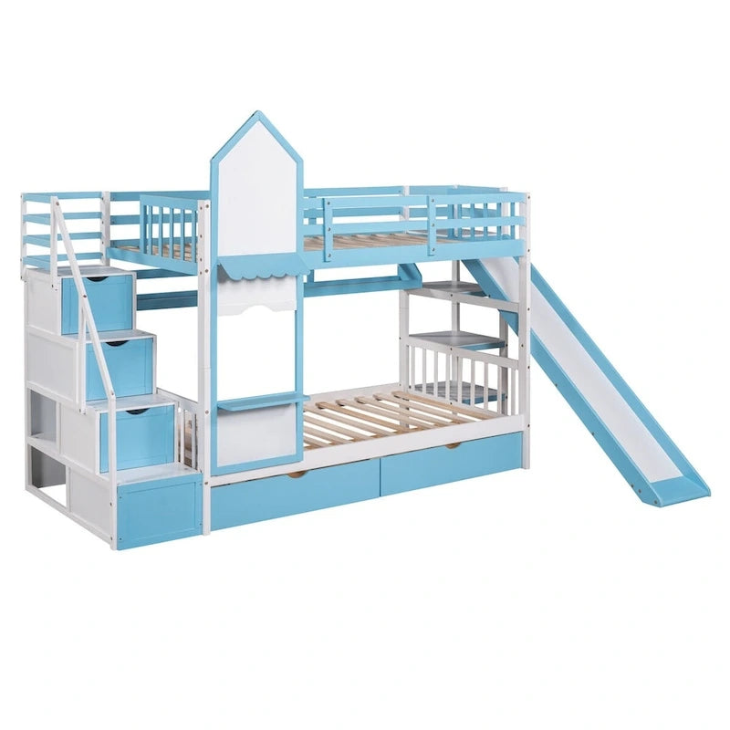 Lit superposé château simple-sur-simple avec toboggan et étagères, rose/bleu/blanc/gris – 2 personnes