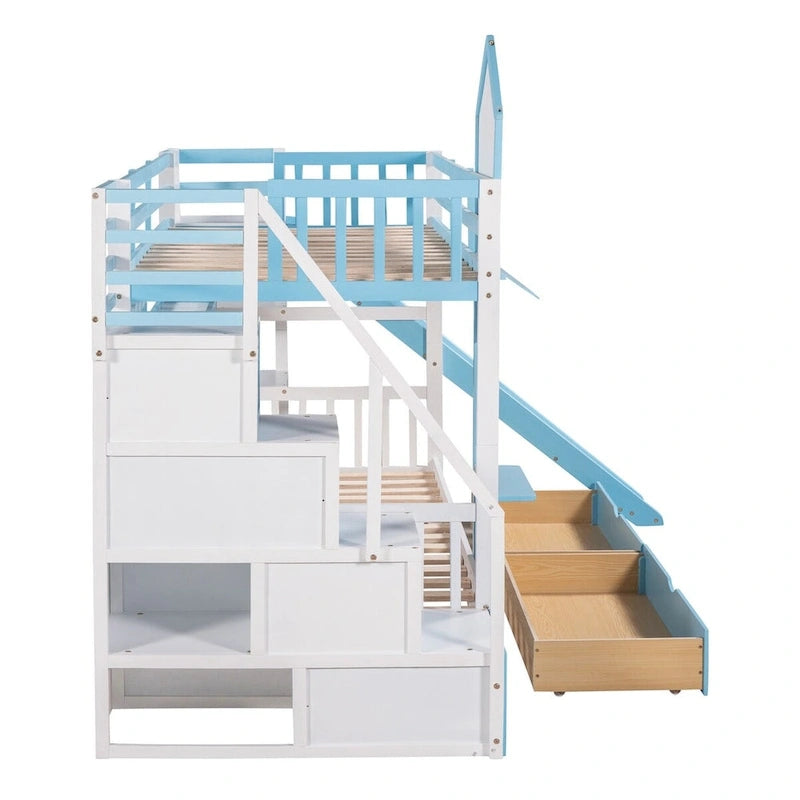 Lit superposé château simple-sur-simple avec toboggan et étagères, rose/bleu/blanc/gris – 2 personnes