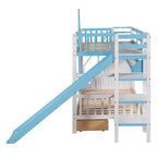 Lit superposé château simple-sur-simple avec toboggan et étagères, rose/bleu/blanc/gris – 2 personnes