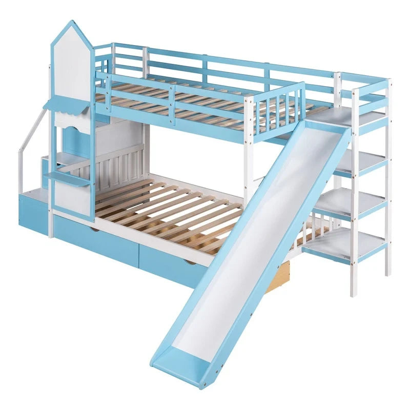 Lit superposé château simple-sur-simple avec toboggan et étagères, rose/bleu/blanc/gris – 2 personnes