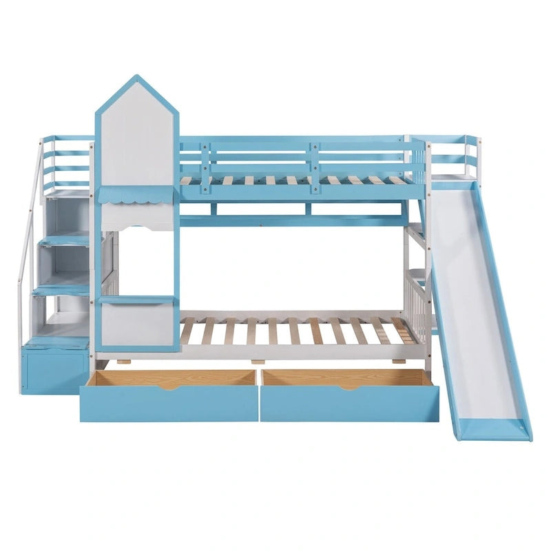 Lit superposé château simple-sur-simple avec toboggan et étagères, rose/bleu/blanc/gris – 2 personnes