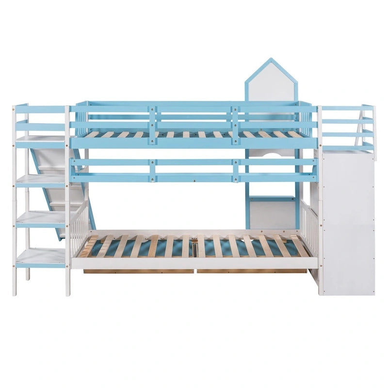 Lit superposé château simple-sur-simple avec toboggan et étagères, rose/bleu/blanc/gris – 2 personnes