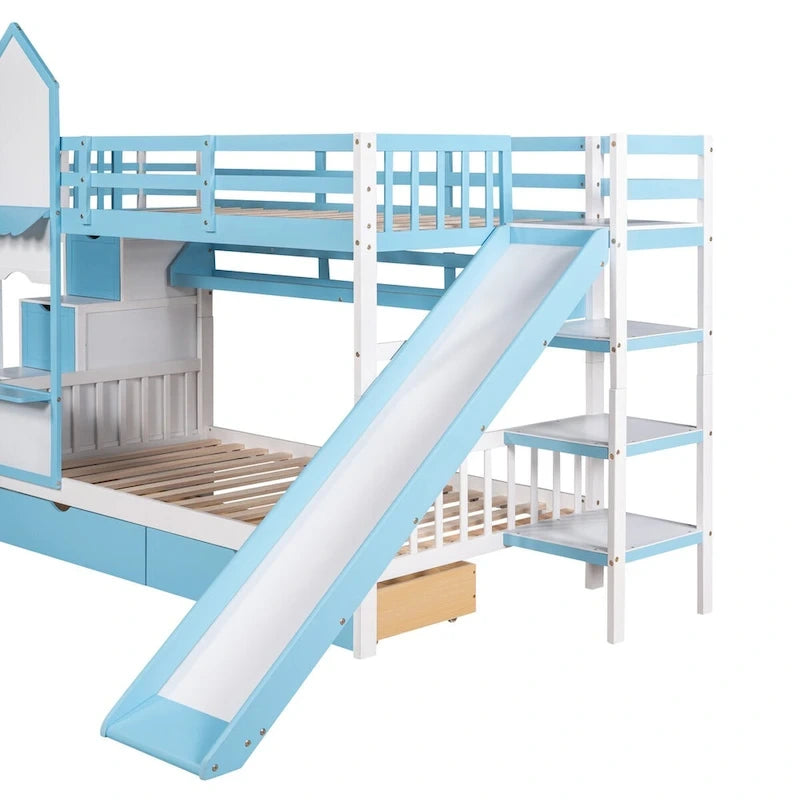 Lit superposé château simple-sur-simple avec toboggan et étagères, rose/bleu/blanc/gris – 2 personnes