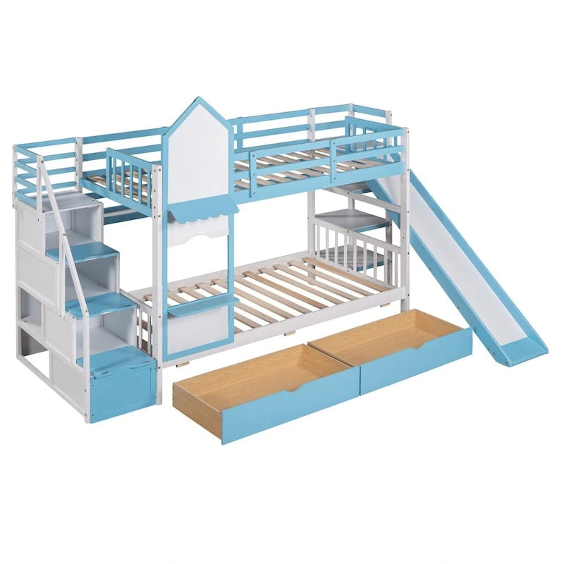 Lit superposé château simple-sur-simple avec toboggan et étagères, rose/bleu/blanc/gris – 2 personnes