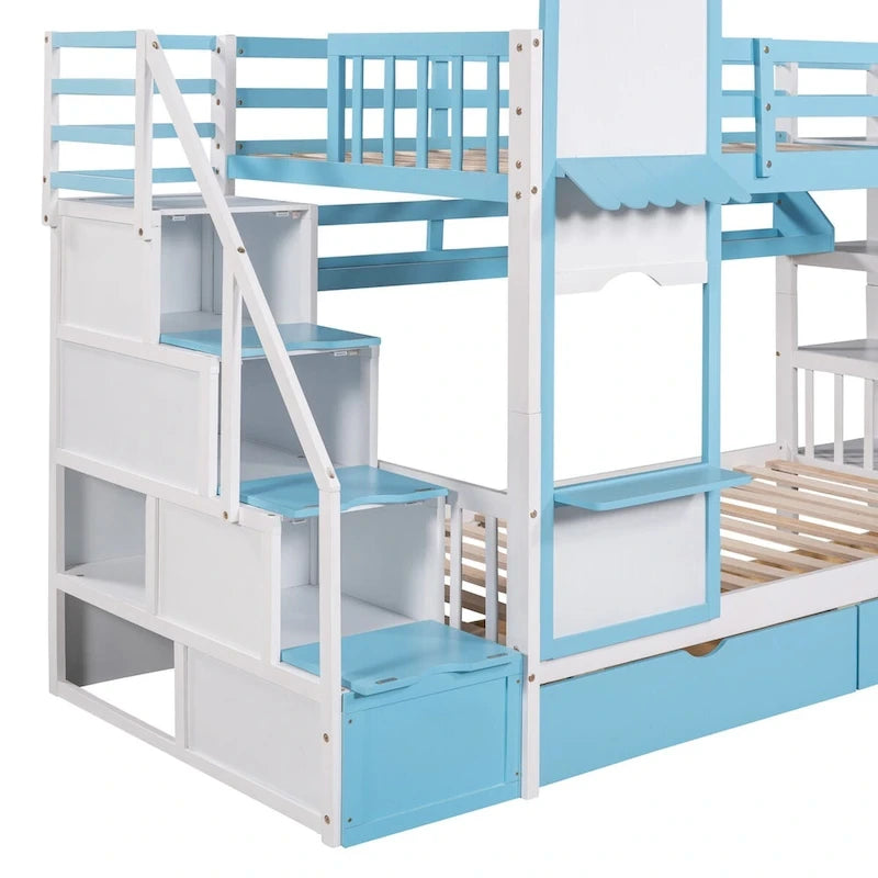 Lit superposé château simple-sur-simple avec toboggan et étagères, rose/bleu/blanc/gris – 2 personnes