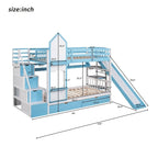 Lit superposé château simple-sur-simple avec toboggan et étagères, rose/bleu/blanc/gris – 2 personnes