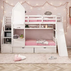 Lit superposé château simple-sur-simple avec toboggan et étagères, rose/bleu/blanc/gris – 2 personnes