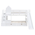 Lit superposé château simple-sur-simple avec toboggan et étagères, rose/bleu/blanc/gris – 2 personnes