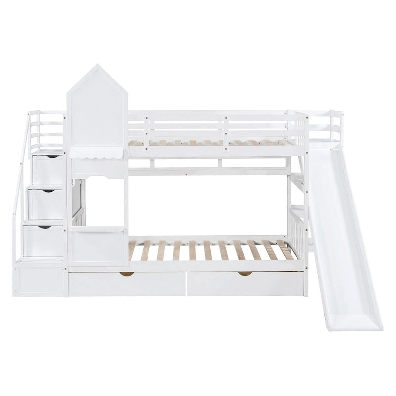 Lit superposé château simple-sur-simple avec toboggan et étagères, rose/bleu/blanc/gris – 2 personnes