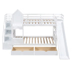 Lit superposé château simple-sur-simple avec toboggan et étagères, rose/bleu/blanc/gris – 2 personnes