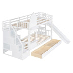 Lit superposé château simple-sur-simple avec toboggan et étagères, rose/bleu/blanc/gris – 2 personnes