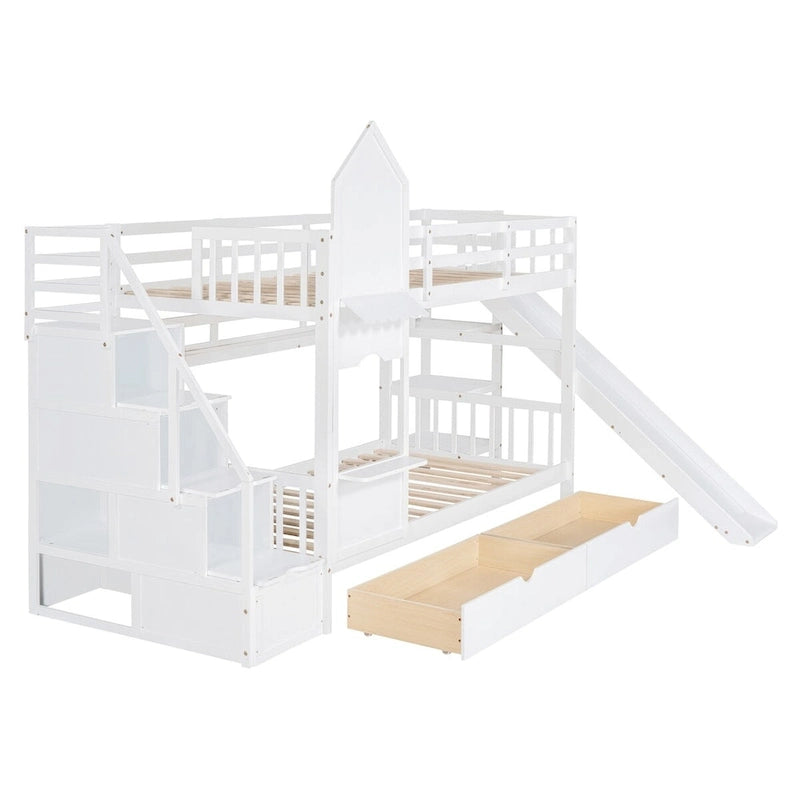 Lit superposé château simple-sur-simple avec toboggan et étagères, rose/bleu/blanc/gris – 2 personnes