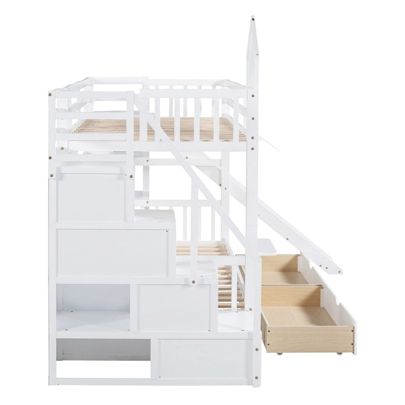 Lit superposé château simple-sur-simple avec toboggan et étagères, rose/bleu/blanc/gris – 2 personnes