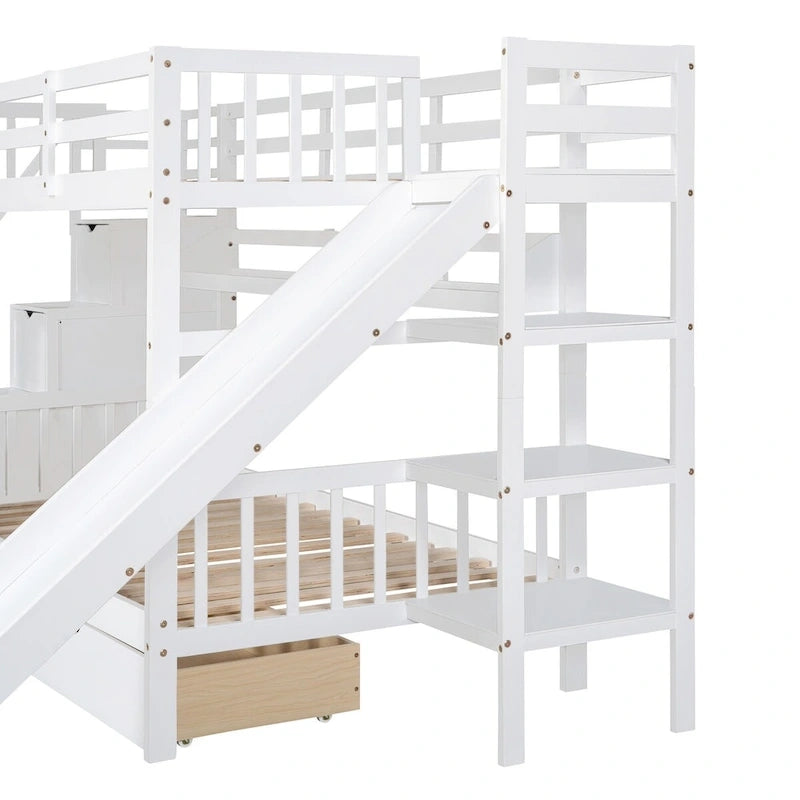 Lit superposé château simple-sur-simple avec toboggan et étagères, rose/bleu/blanc/gris – 2 personnes