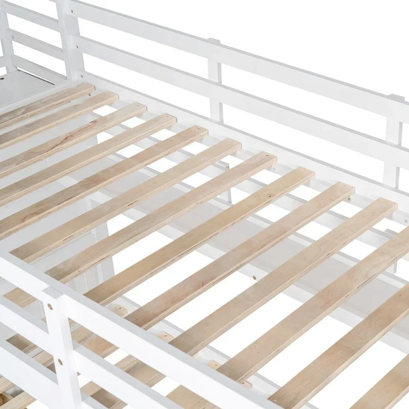 Lit superposé château simple-sur-simple avec toboggan et étagères, rose/bleu/blanc/gris – 2 personnes