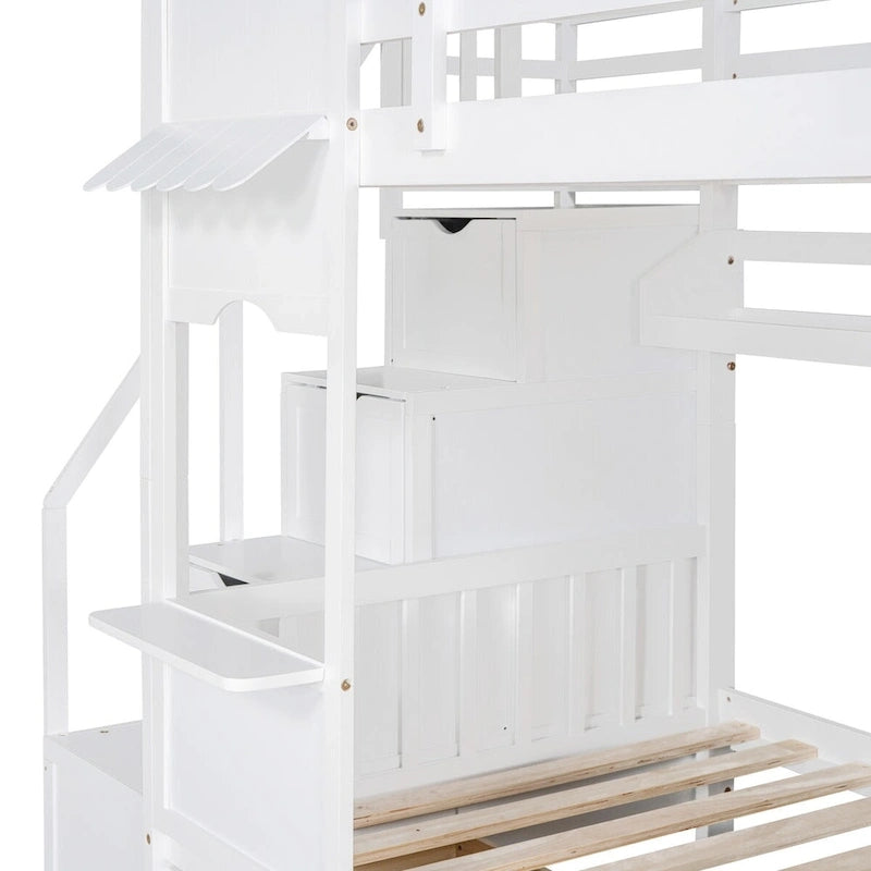 Lit superposé château simple-sur-simple avec toboggan et étagères, rose/bleu/blanc/gris – 2 personnes