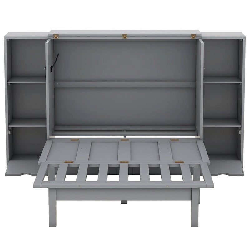 Lit escamotable Queen blanc/gris avec armoire pliante, étagères, tiroirs et ports de recharge USB/Type-C – 2 personnes