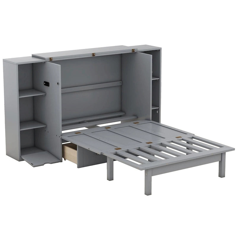 Lit escamotable Queen blanc/gris avec armoire pliante, étagères, tiroirs et ports de recharge USB/Type-C – 2 personnes