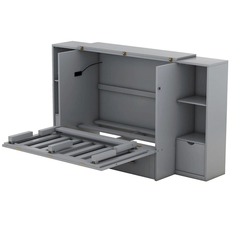 Lit escamotable Queen blanc/gris avec armoire pliante, étagères, tiroirs et ports de recharge USB/Type-C – 2 personnes