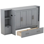 Lit escamotable Queen blanc/gris avec armoire pliante, étagères, tiroirs et ports de recharge USB/Type-C – 2 personnes
