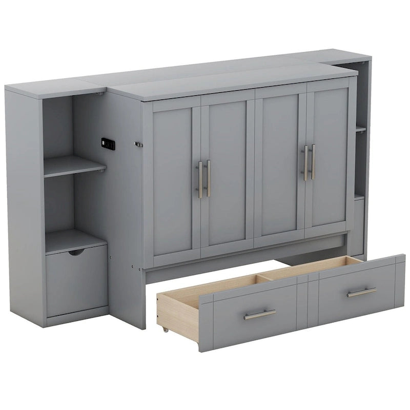 Lit escamotable Queen blanc/gris avec armoire pliante, étagères, tiroirs et ports de recharge USB/Type-C – 2 personnes