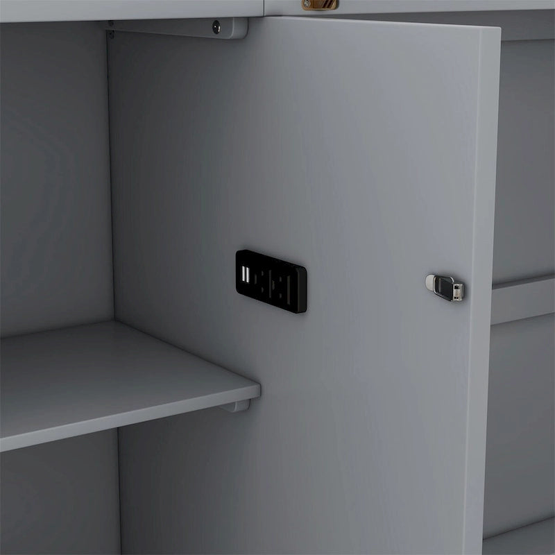 Lit escamotable Queen blanc/gris avec armoire pliante, étagères, tiroirs et ports de recharge USB/Type-C – 2 personnes