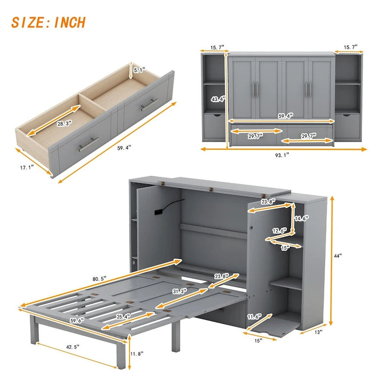 Lit escamotable Queen blanc/gris avec armoire pliante, étagères, tiroirs et ports de recharge USB/Type-C – 2 personnes