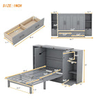 Lit escamotable Queen blanc/gris avec armoire pliante, étagères, tiroirs et ports de recharge USB/Type-C – 2 personnes