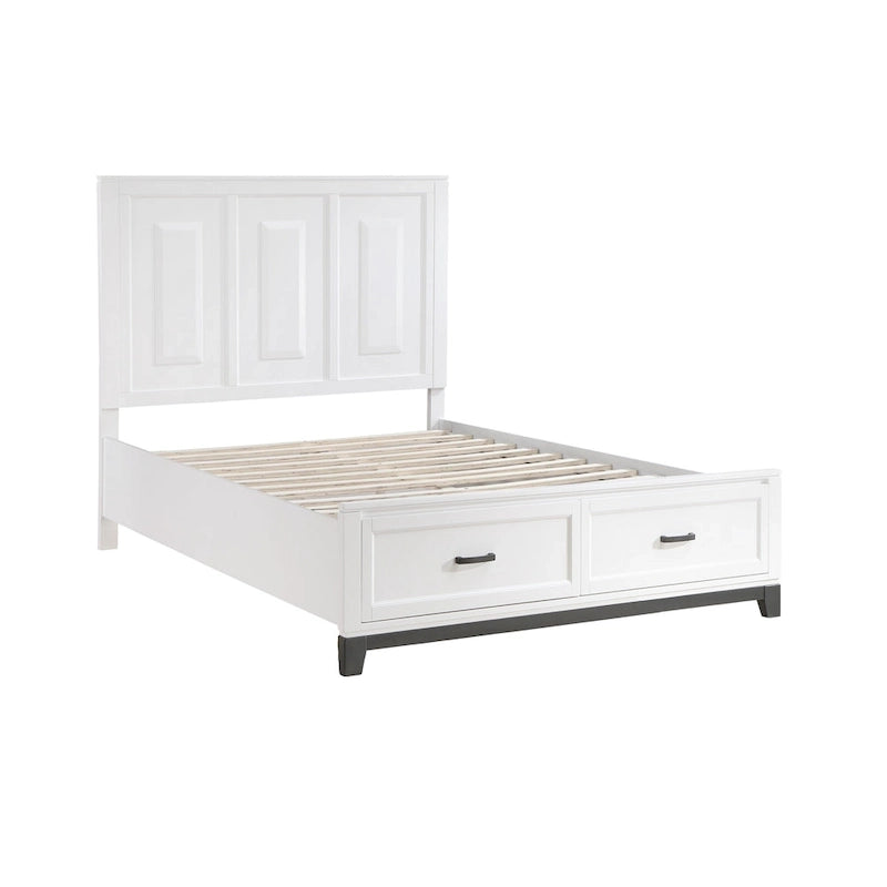 Lit plateforme queen blanc et gris avec tête de lit haute et 2 tiroirs de rangement – 2 personnes