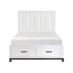 Lit plateforme queen blanc et gris avec tête de lit haute et 2 tiroirs de rangement – 2 personnes