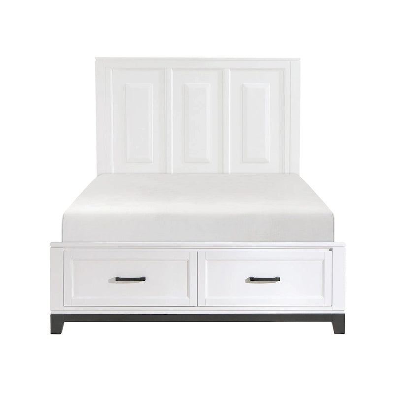 Lit plateforme queen blanc et gris avec tête de lit haute et 2 tiroirs de rangement – 2 personnes