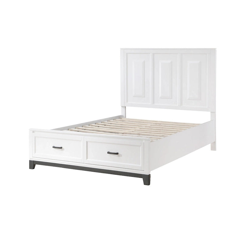 Lit plateforme queen blanc et gris avec tête de lit haute et 2 tiroirs de rangement – 2 personnes