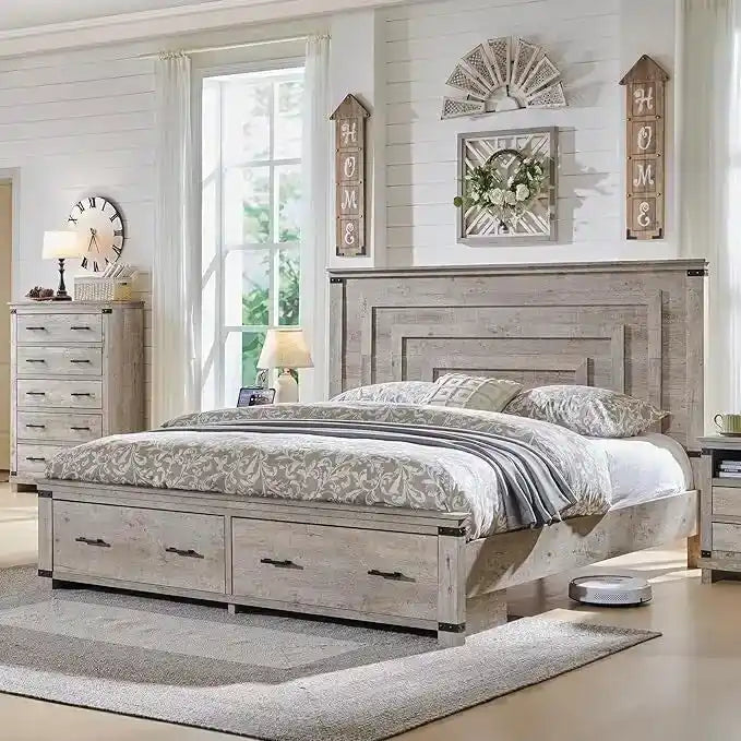 Cadre de lit Queen multicolore avec tête de lit de 54 po et 2 tiroirs de rangement – 2 personnes
