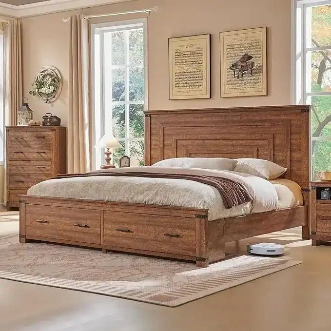 Cadre de lit Queen multicolore avec tête de lit de 54 po et 2 tiroirs de rangement – 2 personnes