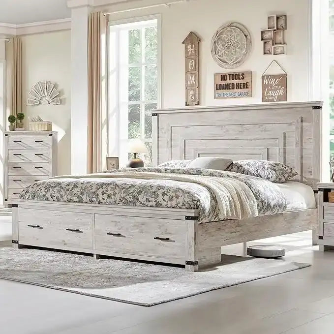 Cadre de lit Queen multicolore avec tête de lit de 54 po et 2 tiroirs de rangement – 2 personnes