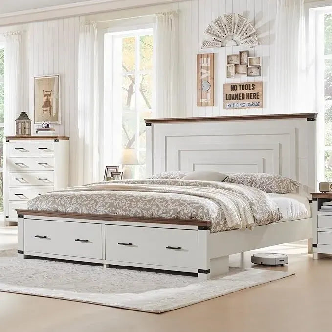 Cadre de lit Queen multicolore avec tête de lit de 54 po et 2 tiroirs de rangement – 2 personnes