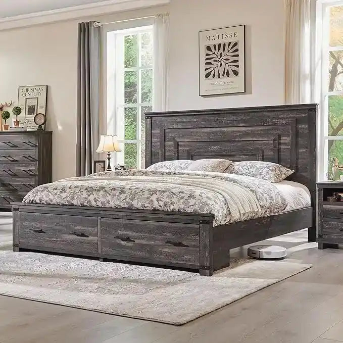 Cadre de lit Queen multicolore avec tête de lit de 54 po et 2 tiroirs de rangement – 2 personnes