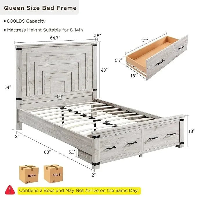 Cadre de lit Queen multicolore avec tête de lit de 54 po et 2 tiroirs de rangement – 2 personnes