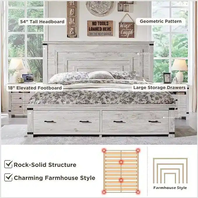 Cadre de lit Queen multicolore avec tête de lit de 54 po et 2 tiroirs de rangement – 2 personnes