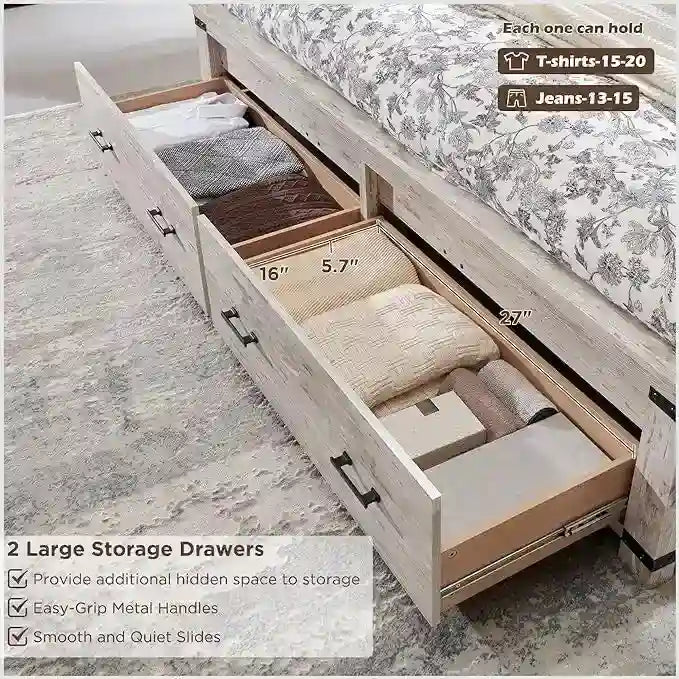 Cadre de lit Queen multicolore avec tête de lit de 54 po et 2 tiroirs de rangement – 2 personnes