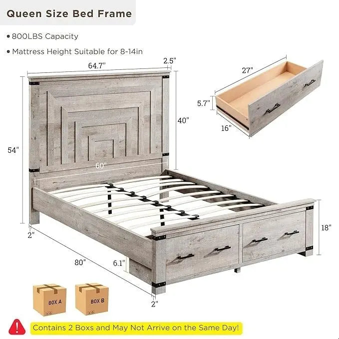 Cadre de lit Queen multicolore avec tête de lit de 54 po et 2 tiroirs de rangement – 2 personnes