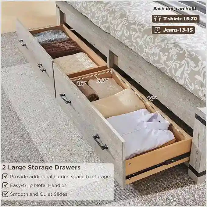 Cadre de lit Queen multicolore avec tête de lit de 54 po et 2 tiroirs de rangement – 2 personnes