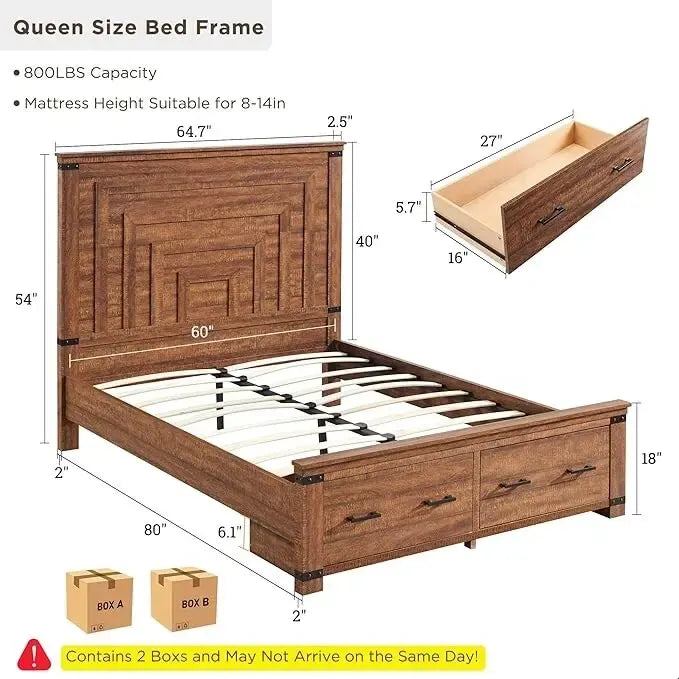 Cadre de lit Queen multicolore avec tête de lit de 54 po et 2 tiroirs de rangement – 2 personnes