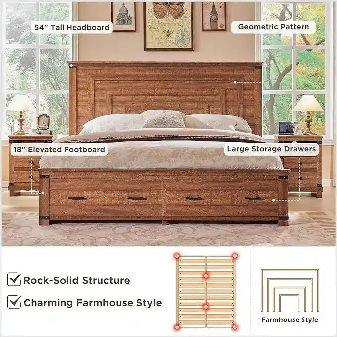 Cadre de lit Queen multicolore avec tête de lit de 54 po et 2 tiroirs de rangement – 2 personnes
