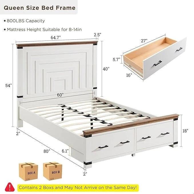 Cadre de lit Queen multicolore avec tête de lit de 54 po et 2 tiroirs de rangement – 2 personnes