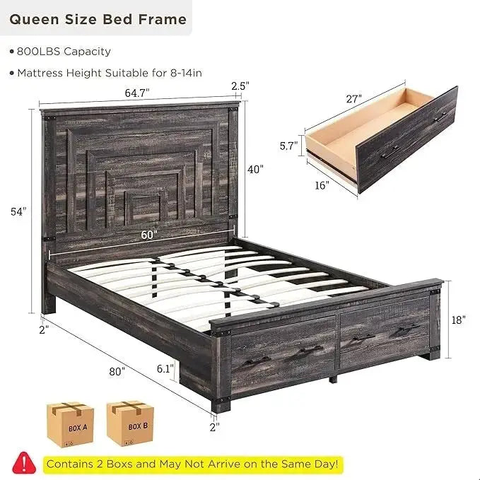 Cadre de lit Queen multicolore avec tête de lit de 54 po et 2 tiroirs de rangement – 2 personnes