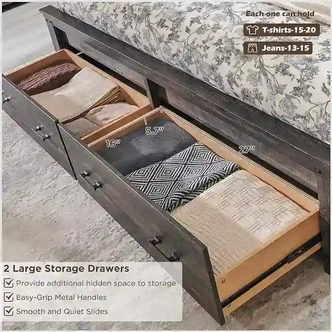 Cadre de lit Queen multicolore avec tête de lit de 54 po et 2 tiroirs de rangement – 2 personnes