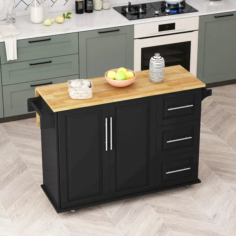 Desserte d'îlot de cuisine noire/blanche avec plateau extensible, 3 tiroirs et armoire à 2 portes – 1 personne