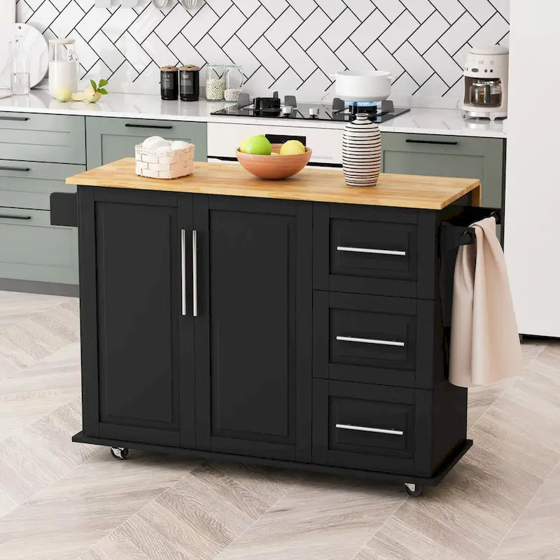 Desserte d'îlot de cuisine noire/blanche avec plateau extensible, 3 tiroirs et armoire à 2 portes – 1 personne